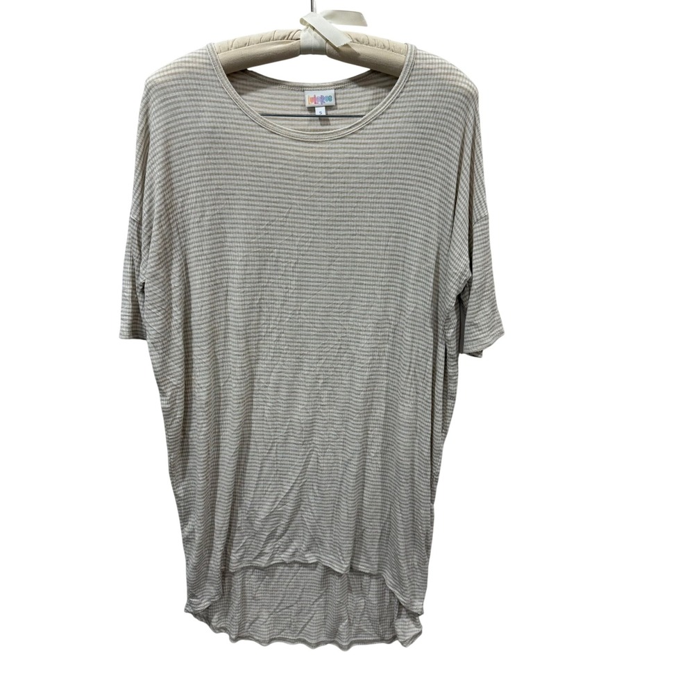 LuLaRoe Irma Tunic Top Womens Small Tan Cream Striped Ribbed Knit‎ High Low Hem